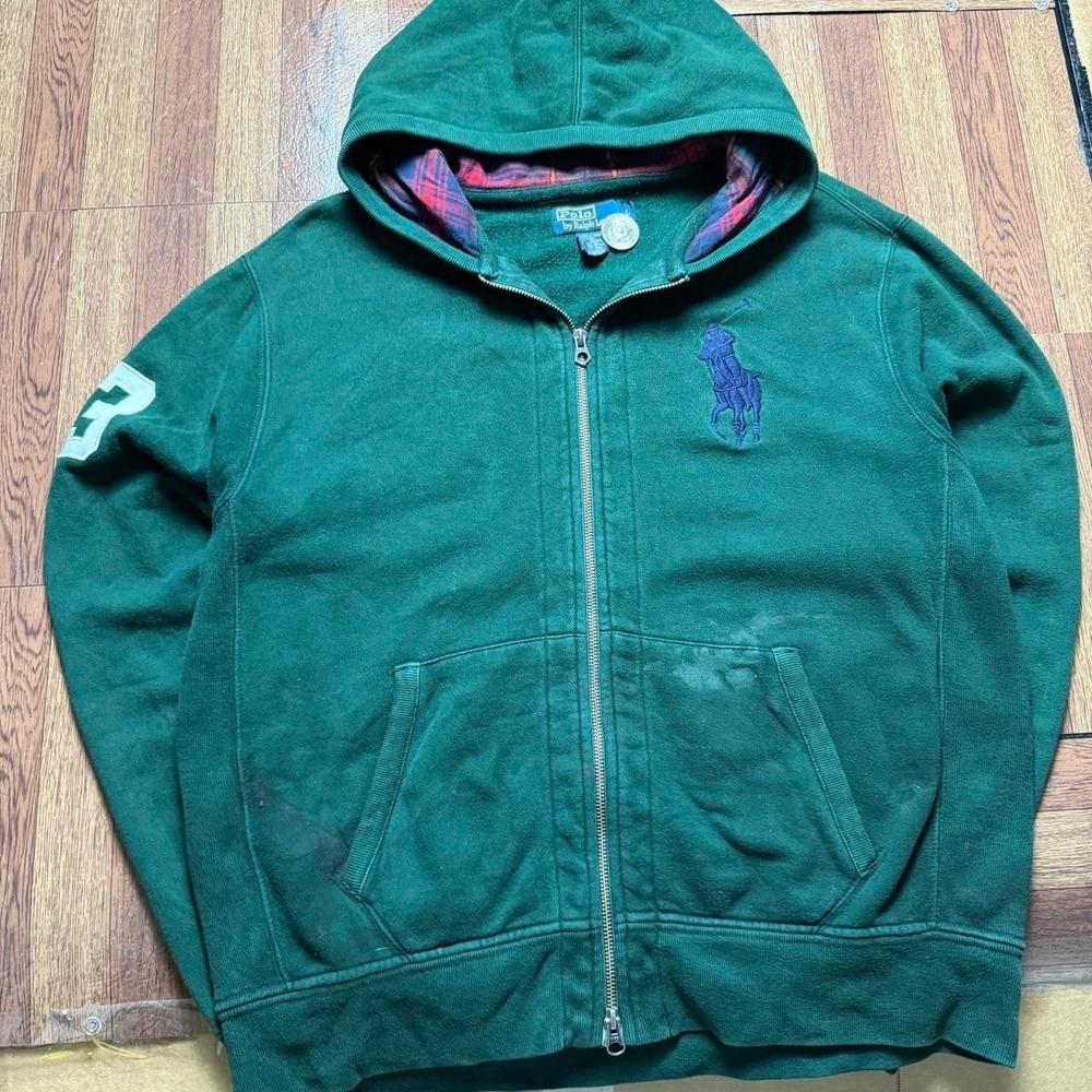 Polo Ralph Lauren Green Vtg 90's Rare Plaid Big Pony Zip Hoodie Large